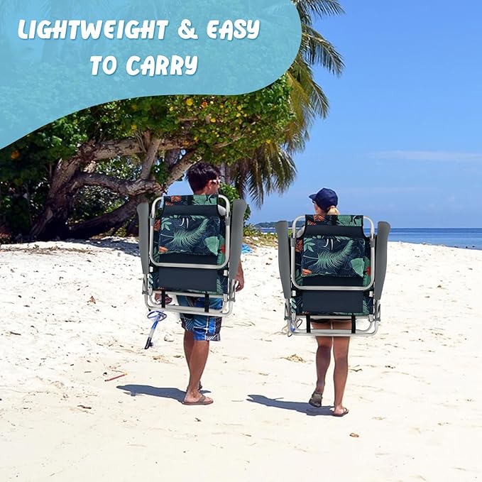 COSTWAY Backpack Beach Chairs Set 3-Piece Portable Camping Chairs with Cup Holder Ice Bag 5-Position Outdoor Reclining Chairs for Adults Travel Sunbathing Support 300 LBS Palm Tree Green