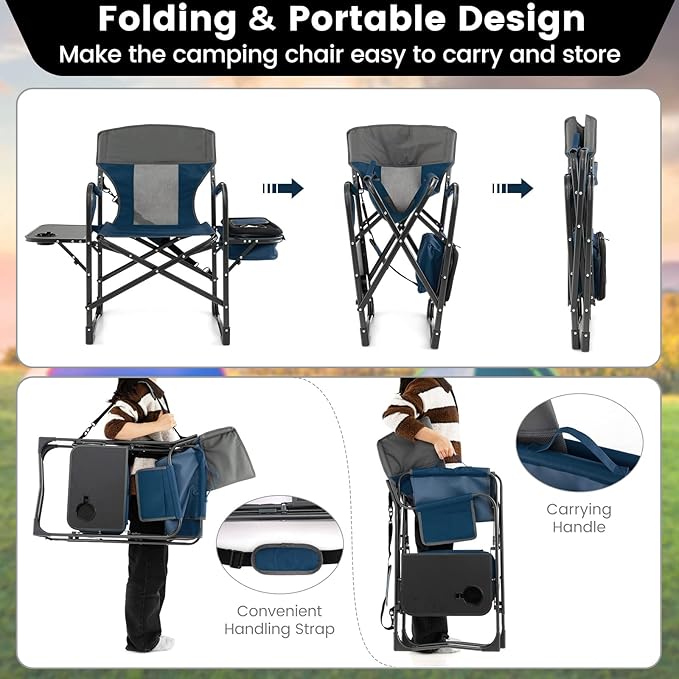 Tangkula Camping Chairs Folding Camp Chair with Side Table Cooler Bag Portable Outside Padded Lawn Chair for Travel Picnic Fishing Heavy Duty Oversized Director Chair for Adults Supports 400lbs