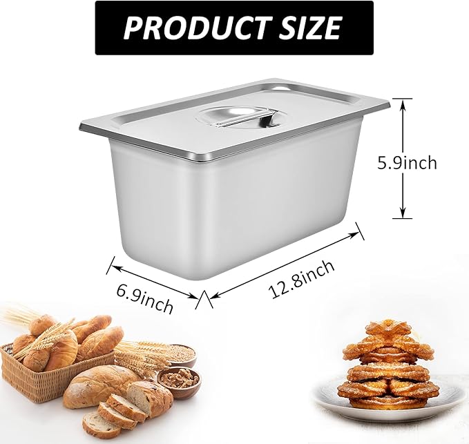 4 Packs Stainless steam Hotel pan1/3 Size x 6 Deep22 Gauge/0.7mm Thick Stainless Steel Hotel Pan Anti Jam Steam Table Pan with Lid (1/3 Size x 6 Deep)