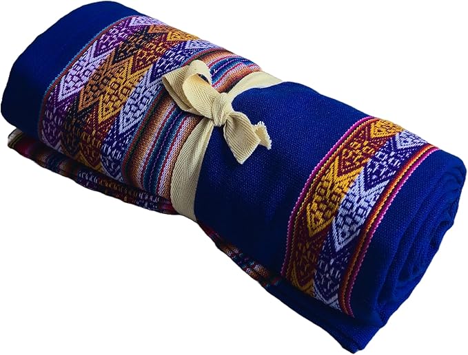 Lucio Fabrics Unique Native Peruvian Throw - Vibrant Colors Lightweight Durable - HomeYoga BeachCampingPicnicOutdoor Activities Thin Blanket 70'' x 47'' (Blue Mountain Loom)