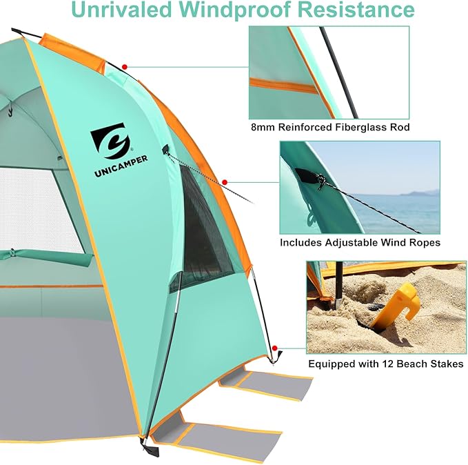 Beach Tent 3 Person Sun Shelter UPF 50+ with Extended Waterproof Pe Floor &amp 3 Mesh Roll Up Windows Fits Portable Beach Shade Easy Setup for Outdoor Camping Indoor Fishing Yard. (Green)