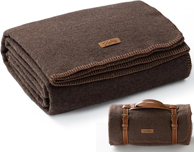 100% Wool Blanket 62 x 86 Warm Thick Washable Military Wool Blanket Great for Camping Outdoors Sporting Events Survival Kits Brown