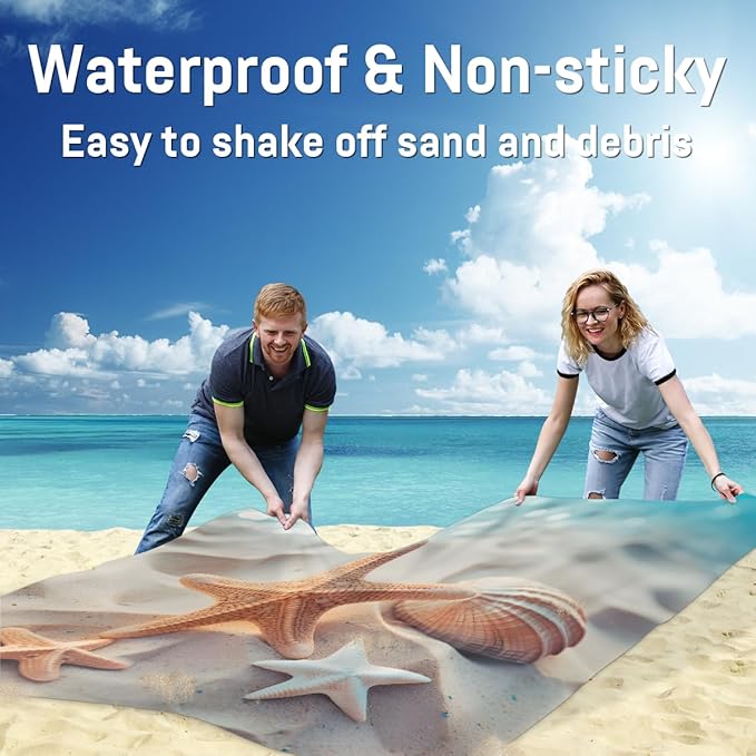 Waterproof Sandproof Beach Blanket 59''×68'' Starfish Polyester Outdoor Picnic Blanket with 4 Stakes &amp Storage Bag for BeachCampingVacation Shells