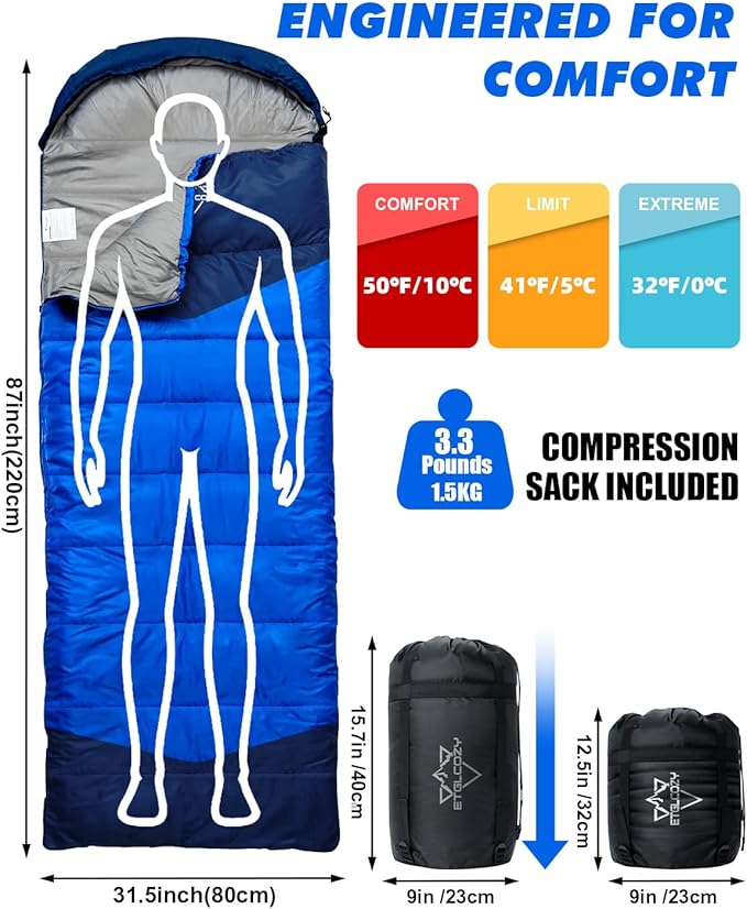 Lightweight 3-Season Sleeping Bag for Adults/Kids Camping Compact w/Compression Sack Waterproof Ripstop Portable for Backpacking Hiking Travel
