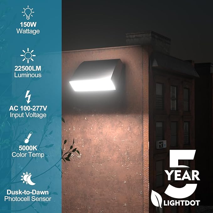 Lightdot 150W Ultra Bright LED Wall Pack Light 22500LM 5000K Adjustable Dusk-to-Dawn Security Light with Photocell ETL Listed IP65 Waterproof for Warehouse Yard Garage 6Pack