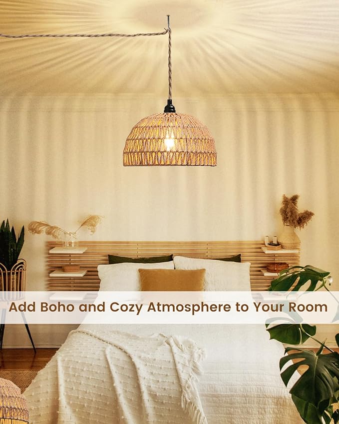 Rattan Hanging LampBoho Pendant LightsPlug in Cord Hanging Rattan LightPlug Into Wall Outlet Pendant Light Fixture On/Off Switch for LivingDinner RoomBedroomKitchenfor E26without Bulb
