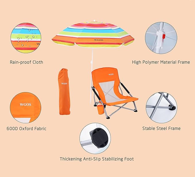 Beach Chair Low Beach Chairs with Umbrella Compack Portable Folding Festival Chairs Chairs with Shade for Adult with Cup Holder Carry Bag Heavy Duty for Outdoors BBQ (1-Pack Orange)