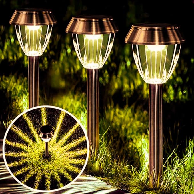 Vintage Solar Lights Outdoor Glass &amp Metal Solar Pathway Lights 4 Pack IP65 Waterproof Warm White Garden Lights for Walkway Yard Patio Driveway