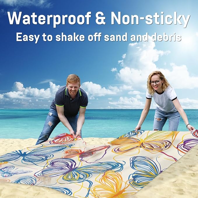 Waterproof Sandproof Beach Blanket 59''×68'' Hollow Butterflies Polyester Outdoor Picnic Blanket with 4 Stakes &amp Storage Bag for BeachCampingVacation Beige