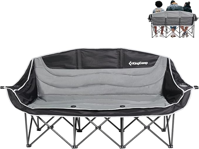 KingCamp 3 Person Camping Chair Oversized 660lbs Heavy Duty Loveseat for Adults Portable Folding XL 2 Person Couch Padded Comfortable Three Seat with Cup Holder for Outdoor Lawn Backyard Black/Grey
