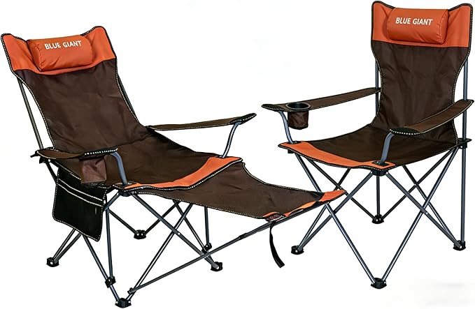 2 Pack Adjustable Folding Camping Chairs with Detachable Footrest and Headrest Lightweight and Portable Ideal for Hiking Travel Fishing and Outdoor Activities (Orange)