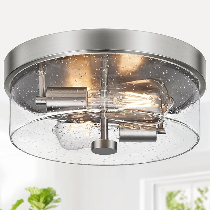 Flush Mount Ceiling Light Fixtures 2-Light 12 Inch Brushed Nickel Close to Ceiling Light Fixtures with Seeded Glass Shade Ceiling Light Fixture for Porch Hallway Bathroom Dining Room and Foyer