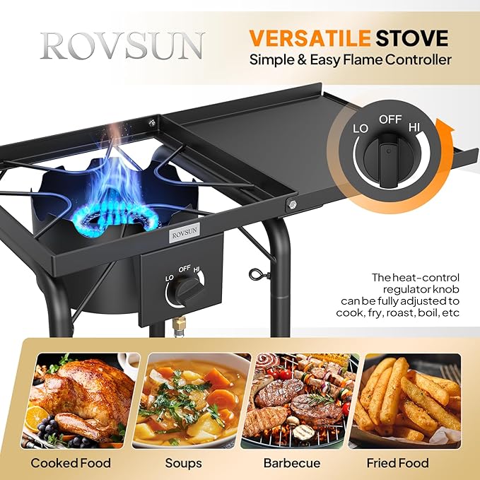 ROVSUN Single Burner Gas Stove with Side Shelf 100000BTU Portable Propane Stove with Removable Leg &amp Regulator for Camping Home Backyard Outdoor Cooking Brewing Canning Turkey Frying