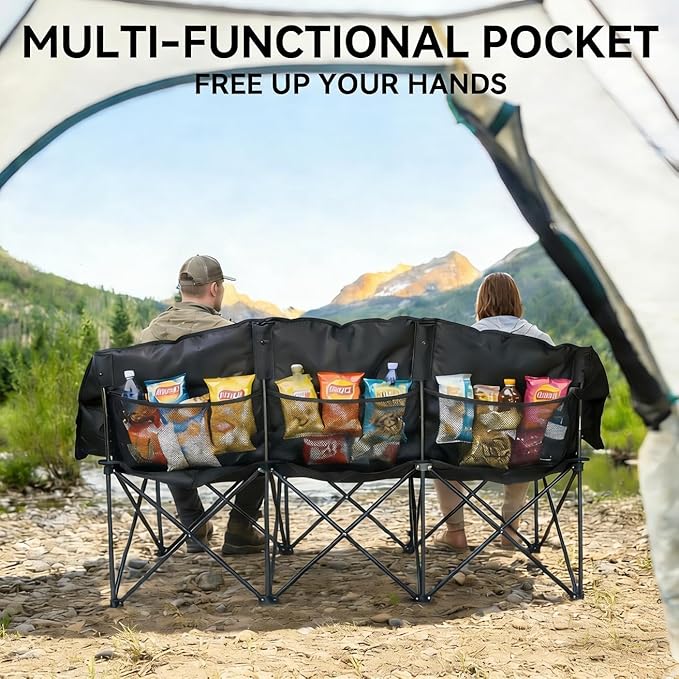 3 Person Camping Chair for Adults Folding Double Camping Chair Oversized Heavy Duty Camping Loveseat with Cup Holders &amp Carry Bag Portable Outdoor Lawn Chair for Camping Beach Backyard Black &a