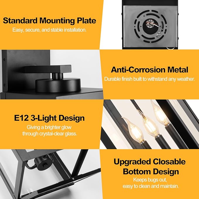 24 Extra Large Fully Enclosed Outdoor Light Fixture 3-Light Black Outdoor Porch Lantern Wall Mounted Waterproof Modern Outside Wall Sconce Coach Lamp for House E12 2 Packs