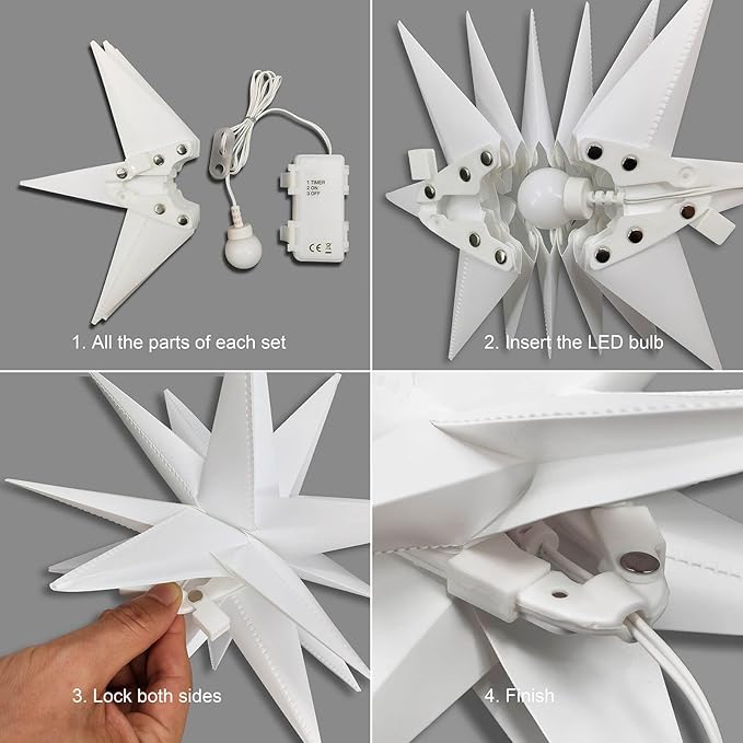 Leejec 9.4 Moravian Star Outdoor Light with Remote Control Christmas Decorations Indoor Hanging Warm White LED Light Battery Operated with Timer Function 4-Pack Tree Ceiling Balcony Décor