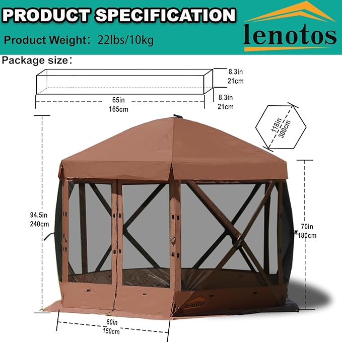 10 x 10 FT Pop Up Screen Tent Portable Outdoor Camping Gazebo with Ground Stakes and Carry Bag Brown
