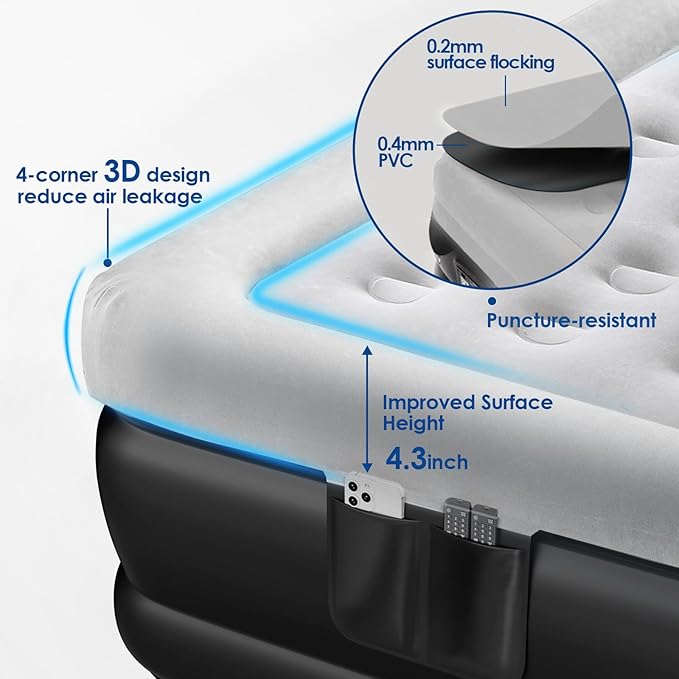 MoKo Air Mattress Queen with Built in Pump 18'' Luxury Inflatable Mattress 3 Min Fast Blow up Mattress Comfort Top - Velvety Air Bed for Home Camping Travel Guests Black/Gray