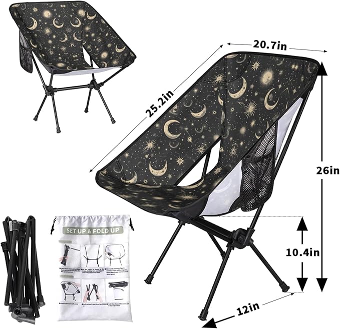 Portable Camping Chair Folding Chairs for Outside Moon &amp Stars Lightweight Backpacking Chair Outdoor Collapsible Beach Chairs for Adults Fishing Lawn Picnic Travel Hiking