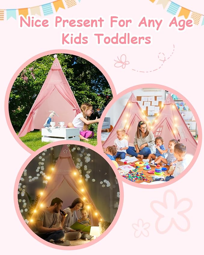 6 Pack Teepee Tent for Kids with Inflatable Airbed Light Toddler Tent Children Room Tents Slumber Party Sleepover Tents Indoor Outdoor Kids Playtent Playhouse for Girls &amp Boys