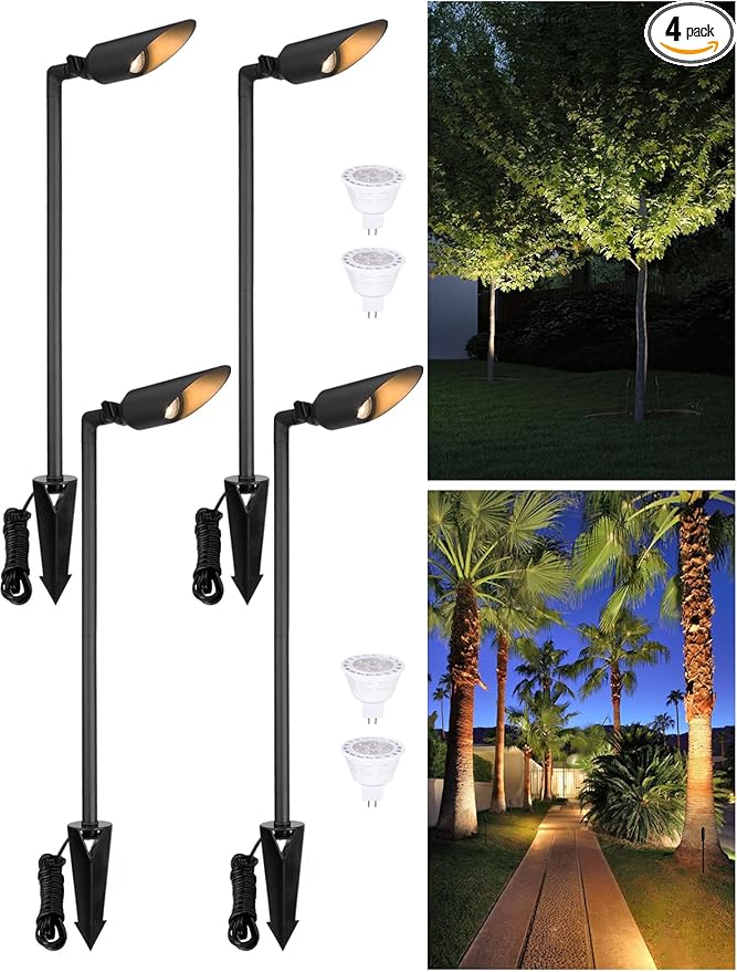 LEONLITE 24 Inch Low Voltage Landscape Spotlight 12V LED Outdoor Landscape Lighting with 7W 3000K MR16 Bulbs Max 50W GU5.3 Base Die-Cast Aluminum Uplighting for Garden Tree Yard Black Pack of 4