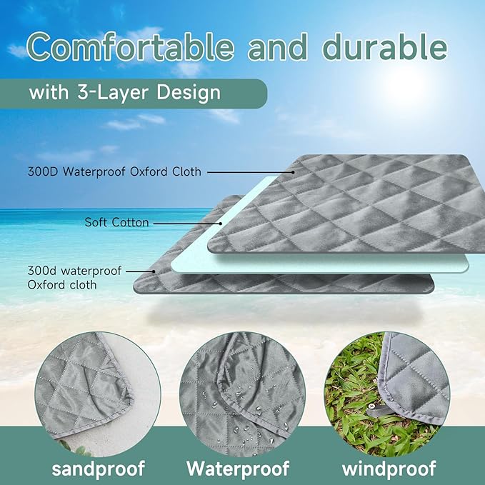 Solaris Waterproof Picnic Blanket Lightweight 50” x 60” Foldable Sandproof Beach Blanket with Large Pocket Portable Outdoor Camping Blanket Great Couples Gift Ideas Gray Wavy