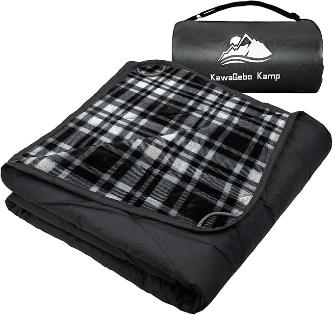 Large Outdoor Waterproof Blanket Extra Thick Fleece Stadium Blanket for Camping Car Pet Picnics - Windproof Wearable Machine Washable 80 x 58 (Black Check)