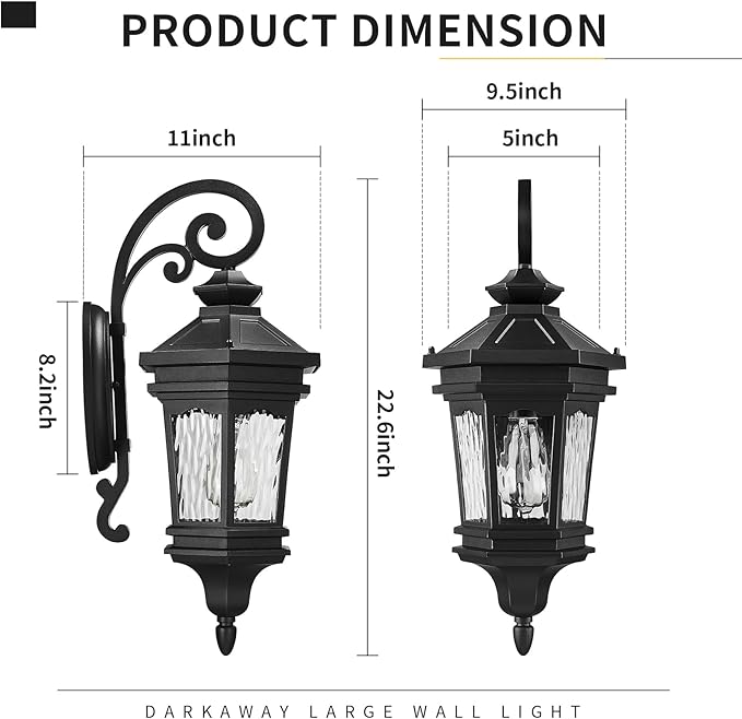 Darkaway Outdoor Wall Light 22.6inch Large Outside Wall Sconce Light Anti-Rust Waterproof Aluminum with Water Ripple Glass for Patio Yard Doorway Garage