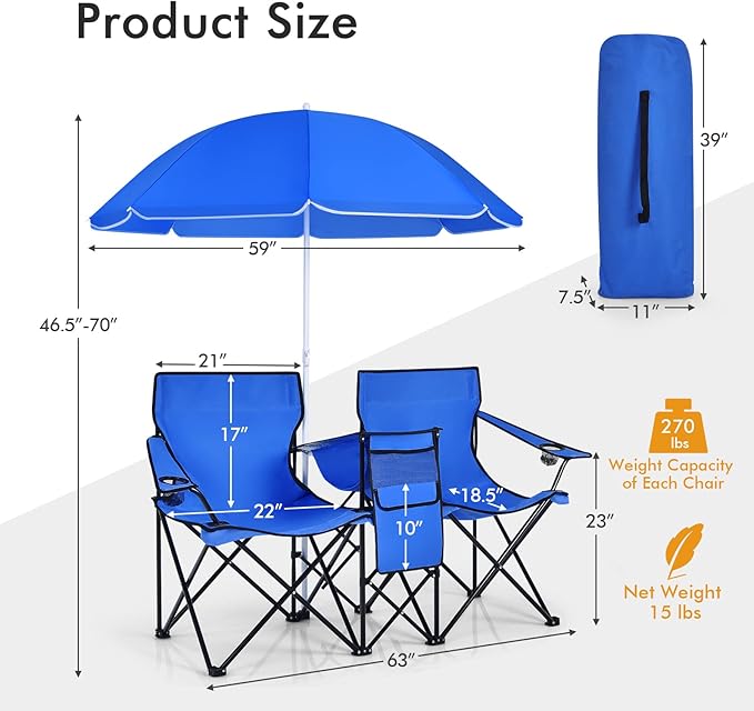 COSTWAY Double Portable Picnic Chairs Folding Camping Chairs w/Detachable Umbrella Cooler Bag Cup Holders Patio Beach Camping Chairs for Outdoors Blue