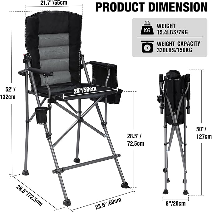 Extra Tall Folding Chairs for Adults 330lbs with Adjustable Backrest Portable Bar Height Foldable Director Chairs with Lumbar Support Comfortable with High Back and FootrestBlack2Pack