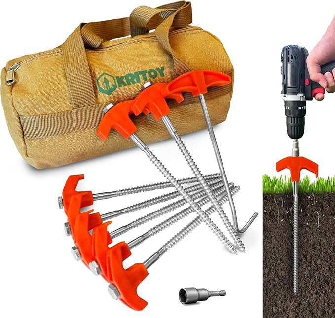 16 Pack Tent Stakes Heavy Duty - 8 Screw in Tent Stakes - Ground Anchors Screw in - Tent Pegs Camping Stakes - Metal Threaded Tent Spikes with 1 Hex Head Driver 1Stopper T Pull Hook and Storage Bag