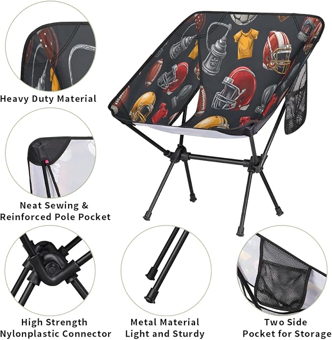 Rugby Camping Chair Folding Backpacking Chair Sports Ball Portable Lightweight Outdoor Chairs with Side Pockets for Hiking Beach Picnic