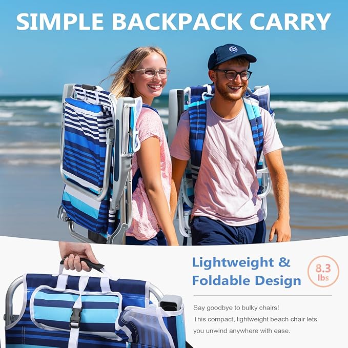 5-Position Aluminum Lay Flat Backpack Beach Chair 2 Pack Compact Portable Low Beach Chairs for Adults Beach Chair with Cooler Pouch Storage Pouch Towel Bar Cup Holder Blue Stripe