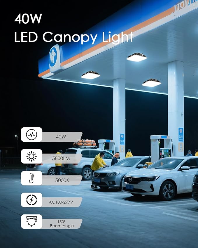 LED Canopy Lights 40W 5600LM 5000K 0-10V Dimmable 120-277VAC IP65 Waterproof UL Listed Commercial LED Canopy Lights Outdoor for Gas Station Carport Parking Garage Warehouse 4 Pack
