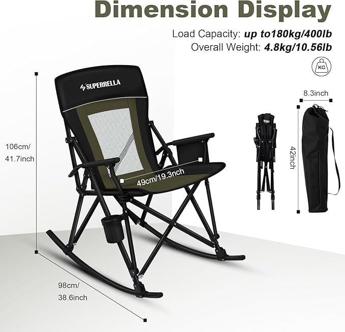 Folding Rocking Camping Chair Portable Outdoor Rocker with High Mesh Back Handrail Bars Carry Bag Cup Holder Bottle Opener Supports 400 lbs Black&ampGreen