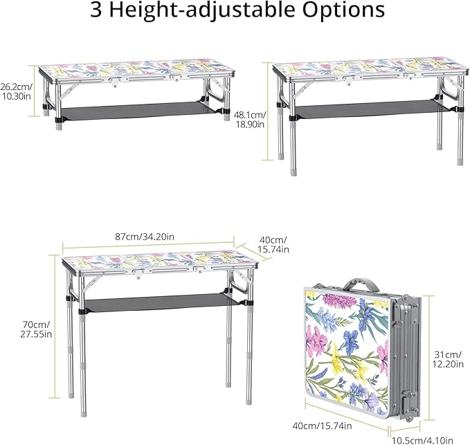 Anbte 3ft Folding Camping Table with Storage Net &amp Bag 3 Adjustable Height Max 27.5 Outdoor Folding Table Lightweight Portable Handle for Outdoor Indoor Camping Beach RV Picnic Blooming Floral