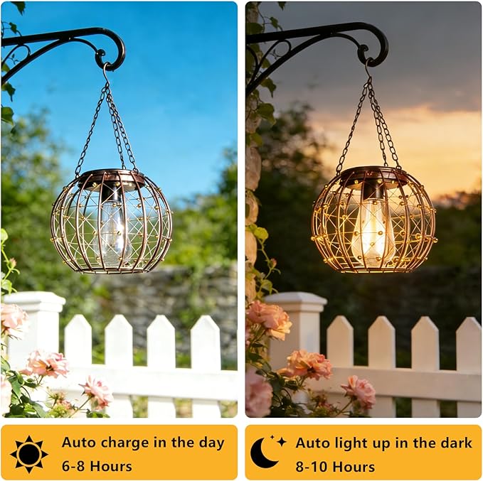 Hanging Solar Lanterns Solar Lights Outdoor Waterpoof Solar Chandelier with Warm White Led Bulb Beaded Copper Wire Ball Shade Patio Garden Decor Lights for Tree Yard Pathway Wall Eave Pergola-2Pack