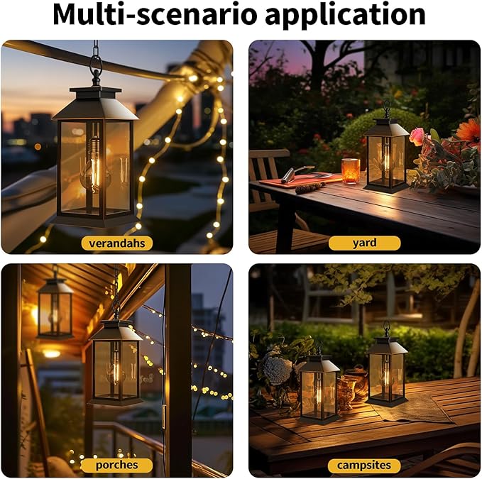 2 Pack Hanging Solar Lanterns Glass Solar Lights Outdoor Waterproof Upgraded Solar and AA Battery Powered for Outside Porch Patio and Indoor Tables Mantelpiece