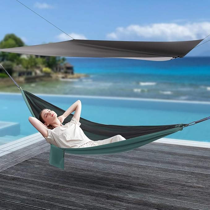 Camping Hammock with Mosquito Net and Rain Fly Tarp200kg Load CapacityLightweight Portable Hammock for BackpackingHikingand Travel-Black/Blackish Green