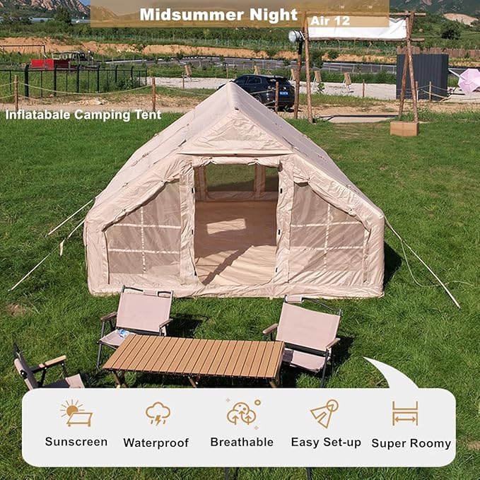 UNIISTRENGH Inflatable Camping Tent Air Glamping Quick Set Up Waterproof Pop Up Tents with Stove Jack Hole and Carry Bag