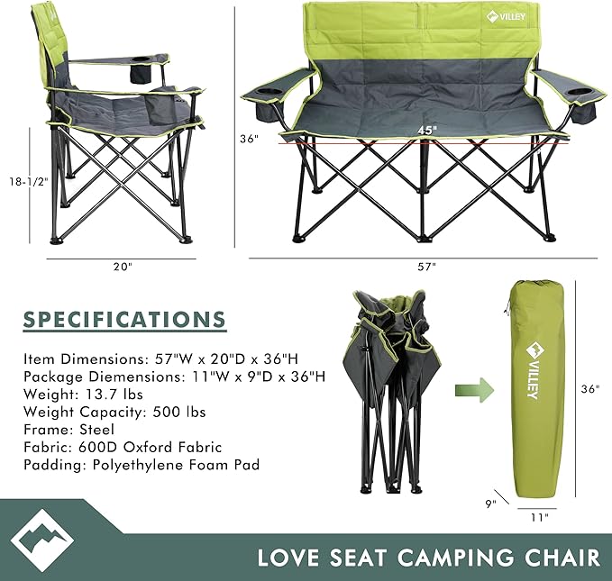VILLEY Double Camping Chair Extra Wide Loveseat Heavy Duty Padded Camping Couch Portable Folding Camp Chair w/Carry Bag Steel Frame Cup Holders for Camping Lawn Picnic Sports Supports 500 LBS