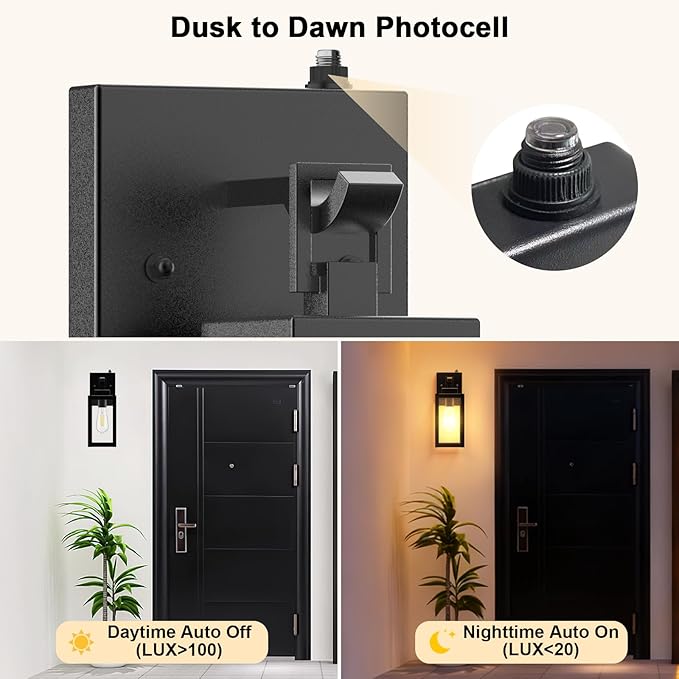 LTBLIGHT 2-Pack Dusk to Dawn Outdoor Wall Lights Modern Black Sensor Porch Light Fixtures Waterproof Exterior Lighting for House Garage Patio Front Door 100-120Vac