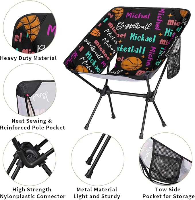 Custom Camping Chair Personalized Portable Backpacking Chair with Name Lightweight Folding Chair for Beach Hiking Basketball Theme