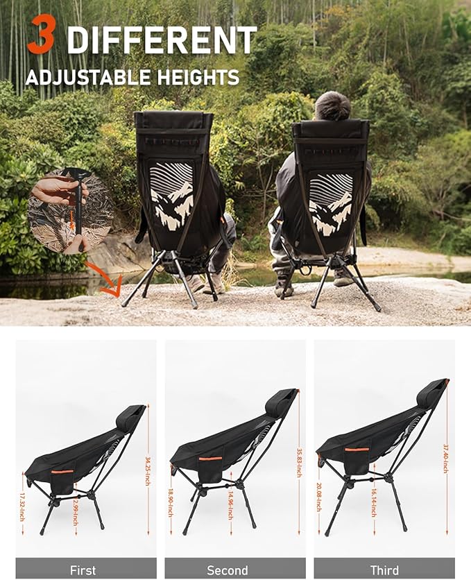 NOVSIGHT Camping Chairs - High Back Camping Chair with Adjustable Headrest and Feet Lightweight Aluminum Frame Breathable Mesh Folding Portable Camp Chair for Outdoor Hiking Beach Picnic