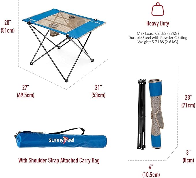 SUNNYFEEL Outdoor Folding Table | Lightweight Mesh Compact Camping Table Roll Up Top 2 People Portable Camp Tables with Carry Bag for Picnic/Cooking/Beach/Travel/BBQ