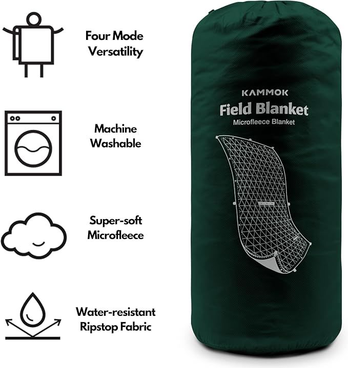 KAMMOK Field Blanket - Microfleece Water Resistant Portable Durable Indoor/Outdoor Camp Blanket (84 in × 50 in) - Pine Green