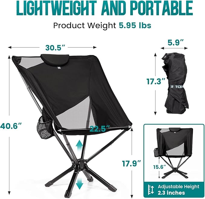 Portable High Back Camping Chair with Adjustable Height Small Compact Outdoor Folding Chair for Adults Travel Riselite Collapsible Lightweight Packable Camp Chairs Easy Carry and Quick Setup