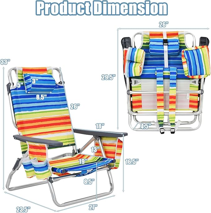 Giantex Folding Beach Chair Patio Sling Chairs with 5 Adjustable Position Head Pillow Storage Bag Towel Bar Cup Holders Backpack Chairs for Sunbathing Camping Chair