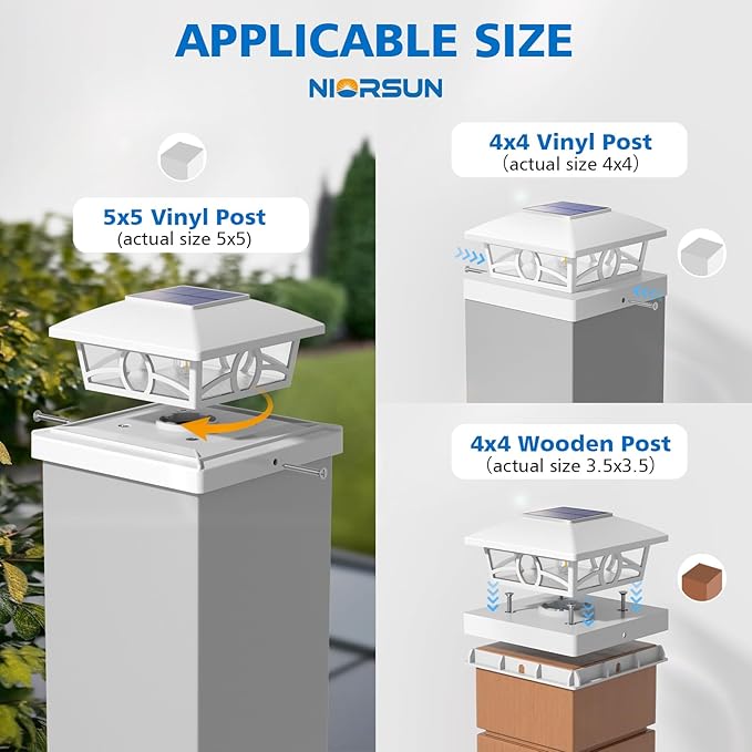NIORSUN Solar Post Lights Outdoor Fence Post Solar Lights Warm White Outdoor Waterproof Edison LED Bulbs Garden Patio Fence Deck Decor Fence Post Caps 4x4 5x5 Wood Vinyl White 8 Pack