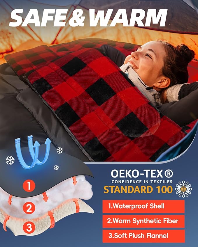 MEREZA Flannel Double Sleeping Bag for Adults Cold Weather XL Queen Size Sleeping Bag for All Season 2 Person Big and Tall Sleeping Bags for Camping 0 Degree with Pillow